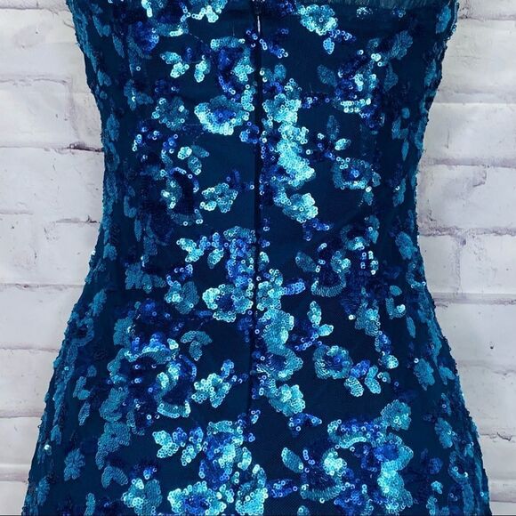BELLE BADGLEY MISCHKA PARIS DRESS SEQUIN BLUE MULTI FLORAL BL2282 size 0 - Picture 3 of 16